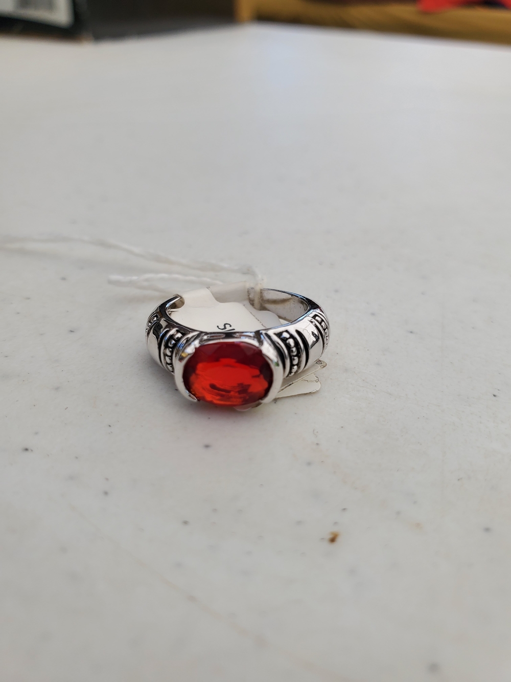 Lia Sophia Silver-Tone Ring with Bright Red Faceted Stone